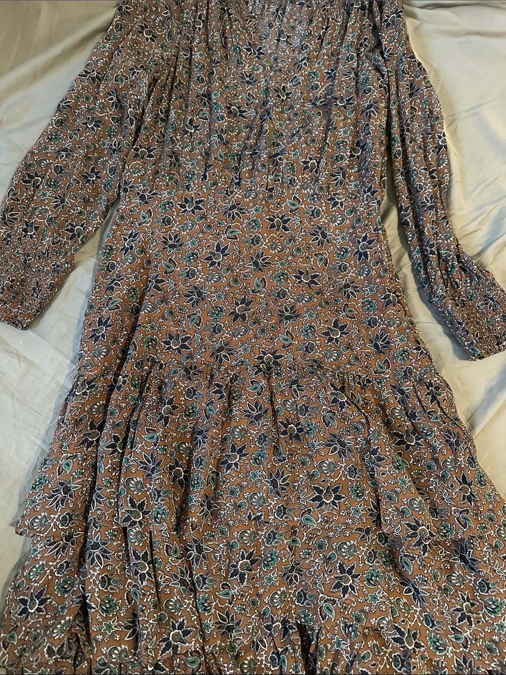 Veronica Beard Brown Floral Long-Sleeve Tiered Midi Dress - Picture 2 of 5